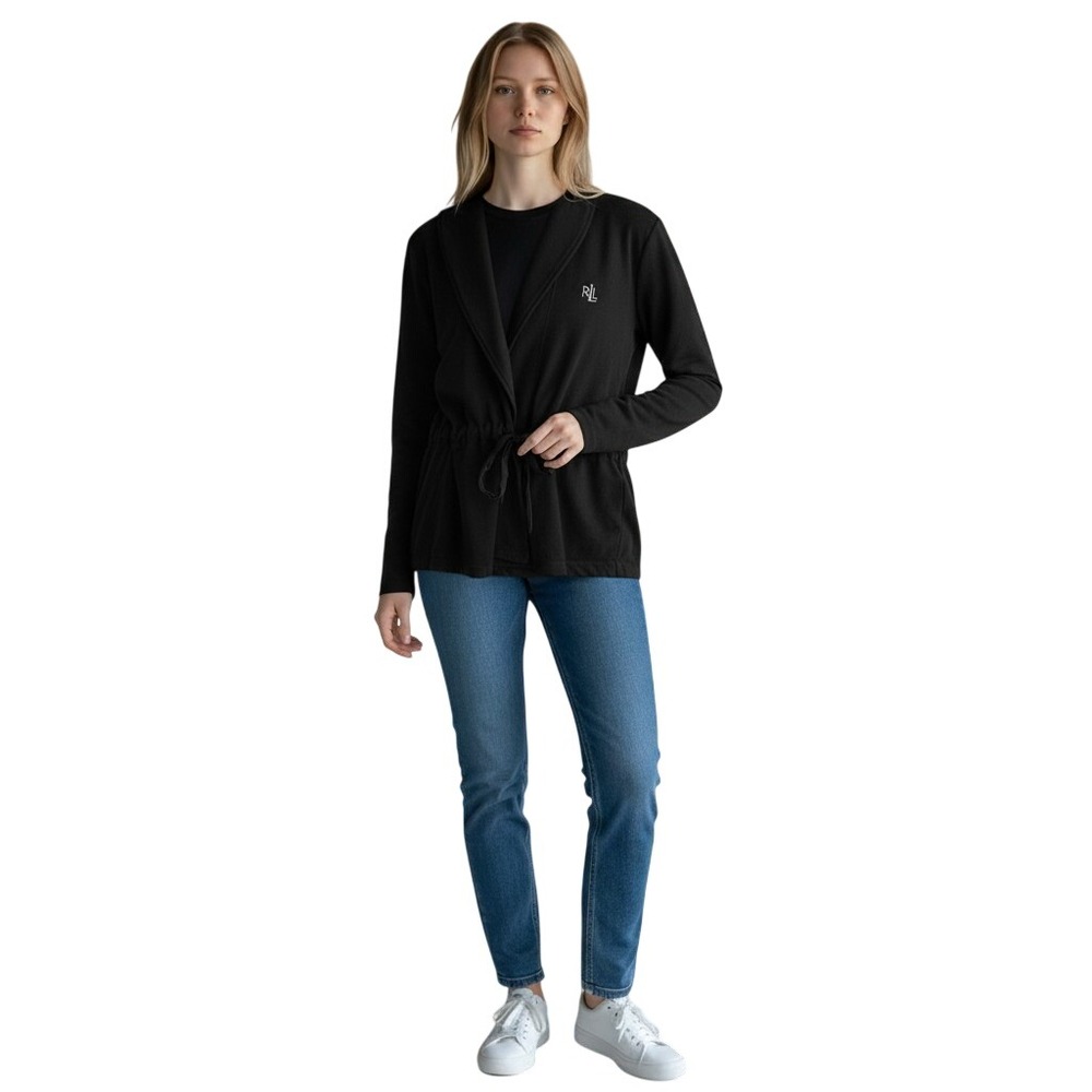 Lauren Ralph Lauren Black Shawl Collar Drawstring Wrap Cardigan Sweater Medium